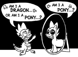 Size: 685x502 | Tagged: safe, artist:samueleallen, spike, g4, black and white, crossover, existential crisis, grayscale, identity crisis, mirror, monochrome, parody, ponified, ponified spike, the muppets