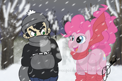 Size: 1296x864 | Tagged: safe, artist:allhailweegee, pinkie pie, human, g4, clothes, coat, crossover, dan, dan vs, scarf, snow, snowfall, watermark
