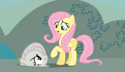 Size: 4409x2560 | Tagged: safe, artist:dash-o-salt, fluttershy, pegasus, pony, g4, the return of harmony, confused, discorded, discorded fluttershy, duo, evil grin, eyelashes, female, grin, hill, mare, open mouth, portal, raised hoof, self ponidox, smiling, wings