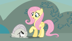 Size: 4409x2560 | Tagged: safe, artist:dash-o-salt, fluttershy, pegasus, pony, g4, the return of harmony, confused, discorded, discorded fluttershy, duo, evil smile, eyelashes, female, grin, hill, mare, open mouth, portal, raised hoof, self ponidox, smiling, wings