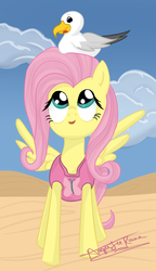 Size: 1731x3000 | Tagged: safe, artist:flamingmarshmallows, fluttershy, seagull, g4, beach, clothes, swimsuit