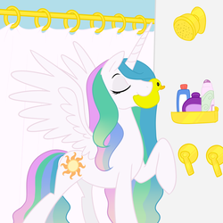 Size: 1500x1500 | Tagged: safe, artist:elslowmo, artist:madmax, princess celestia, alicorn, pony, g4, cute, cutelestia, mouth hold, rubber duck, shower, wet mane