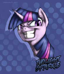 Size: 800x918 | Tagged: dead source, safe, artist:krossan, twilight sparkle, pony, unicorn, g4, abstract background, bust, female, gritted teeth, mare, smiling, solo, text