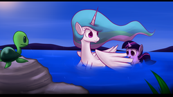 Size: 1920x1080 | Tagged: safe, artist:mister-markers, princess celestia, twilight sparkle, alicorn, pony, turtle, unicorn, g4, day, female, filly, filly twilight sparkle, looking down, momlestia fuel, pond, swanlestia, swimming, unicorn twilight, water, younger