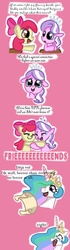 Size: 488x1740 | Tagged: safe, artist:peppersupreme, apple bloom, diamond tiara, princess celestia, family appreciation day, g4, adorabloom, comic, crying, cute, diamondbetes, friendship, friendship report, good end, platonic, tears of joy