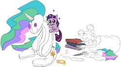 Size: 2590x1425 | Tagged: safe, artist:litcigarette, princess celestia, twilight sparkle, pony, unicorn, g4, book, doll, fabric, female, filly, filly twilight sparkle, heart, scissors, sewing, solo, stuffing, wingding eyes, younger