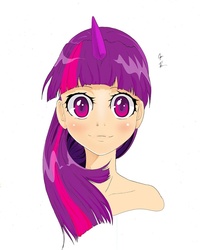 Size: 816x1022 | Tagged: safe, artist:yjayr, twilight sparkle, human, g4, female, horn, horned humanization, humanized, solo