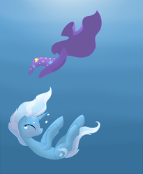 Size: 900x1100 | Tagged: safe, artist:otterlore, trixie, pony, unicorn, g4, cape, clothes, crying, crying in the sea, female, hat, mare, sad, sinking, solo, the sad and depressive trixie, trixie's cape, trixie's hat, underwater