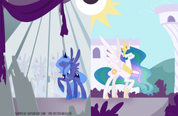 Size: 1500x975 | Tagged: safe, artist:egophiliac, princess celestia, princess luna, alicorn, pony, g4, duality, duo, ethereal mane, eyes closed, female, hoof shoes, mare, mirror, raised hoof, royal sisters, s1 luna, sisters, spread wings, wings