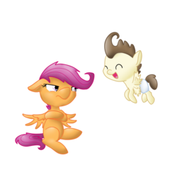 Size: 750x750 | Tagged: safe, artist:otterlore, pound cake, scootaloo, pegasus, pony, g4, duo, duo male and female, eyes closed, female, filly, flying, foal, jealous, looking at someone, male, scootaloo can't fly, simple background, sitting, spread wings, teary eyes, transparent background, wings