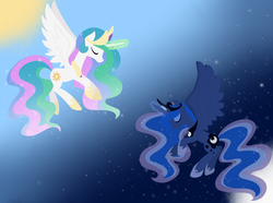 Size: 1380x1024 | Tagged: safe, artist:otterlore, princess celestia, princess luna, alicorn, pony, g4, 2014, female, glowing, glowing horn, horn, princess of the night, princess of the sun, royal sisters, siblings, sisters, spread wings, wallpaper, wings