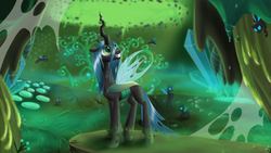 Size: 1024x576 | Tagged: source needed, safe, artist:sirzi, queen chrysalis, changeling, changeling queen, g4, changeling hive, female, solo focus