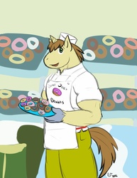 Size: 765x990 | Tagged: safe, artist:caseyljones, donut joe, anthro, g4, apron, clothes, donut, food, looking at you, male, plate, smiling, solo