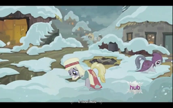 Size: 640x400 | Tagged: safe, screencap, charcoal bakes, doctor whooves, flurry, time turner, earth pony, pony, g4, hearth's warming eve (episode), dirty, frown, gritted teeth, hearth's warming eve, hub logo, looking down, peasant, sad, scared, snow, snowfall, wide eyes, worried, youtube caption