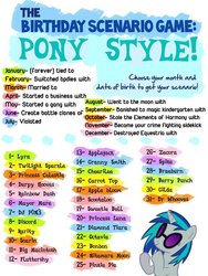 Size: 648x864 | Tagged: safe, apple bloom, applejack, berry punch, berryshine, big macintosh, bon bon, braeburn, carrot top, cheerilee, derpy hooves, diamond tiara, discord, dj pon-3, doctor whooves, fluttershy, gilda, golden harvest, granny smith, lyra heartstrings, mayor mare, nightmare moon, octavia melody, pinkie pie, princess celestia, princess luna, rainbow dash, rarity, scootaloo, soarin', spike, sweetie belle, sweetie drops, time turner, twilight sparkle, vinyl scratch, zecora, earth pony, pony, unicorn, g4, birthday, birthday game, exploitable meme, game, horn, male, meme, meta, stallion