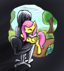 Size: 684x757 | Tagged: safe, fluttershy, human, pegasus, pony, g4, chair, flower, grass, grass field, hug, office chair, tree