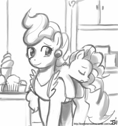 Size: 748x800 | Tagged: safe, artist:johnjoseco, cup cake, pinkie pie, g4, filly, grayscale, monochrome, sleeping