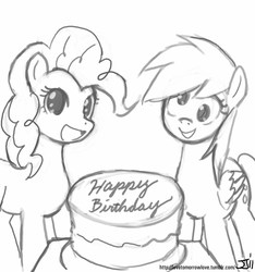 Size: 748x800 | Tagged: safe, artist:johnjoseco, derpy hooves, pinkie pie, pegasus, pony, g4, birthday, birthday cake, cake, female, food, grayscale, happy, looking at you, mare, monochrome, open mouth, signature, simple background, white background