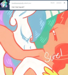 Size: 634x700 | Tagged: dead source, safe, artist:dhui, pinkie pie, princess celestia, ask tired pie, g4, ask, cute, cutelestia, eyes closed, hug, smiling, tumblr