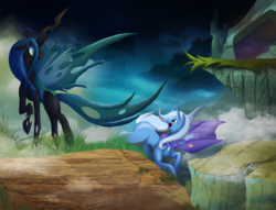 Size: 2419x1851 | Tagged: safe, artist:jewlecho, queen chrysalis, trixie, changeling, changeling queen, g4, female