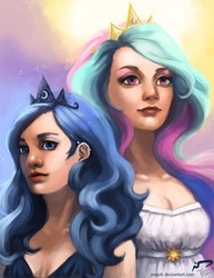 Size: 638x825 | Tagged: safe, artist:majoh, princess celestia, princess luna, human, g4, clothes, duo, duo female, female, humanized