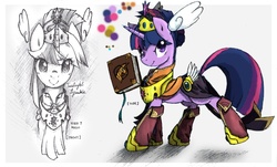 Size: 1221x738 | Tagged: safe, artist:u-okka, twilight sparkle, g4, armor, book, clothes, concept art, no more ponies at source