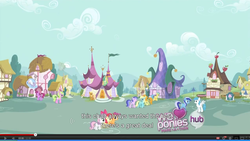 Size: 1275x720 | Tagged: safe, screencap, apple bloom, apple cobbler, berry punch, berryshine, carrot top, daisy, flower wishes, golden harvest, lemon hearts, lightning bolt, minuette, sassaflash, scootaloo, sea swirl, seafoam, sweetie belle, white lightning, earth pony, pegasus, pony, unicorn, g4, hearts and hooves day (episode), cutie mark crusaders, female, filly, hearts and hooves day, hub logo, joke shop, mare, ponyville, ponyville spa, youtube, youtube caption