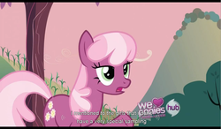 Size: 1271x740 | Tagged: safe, screencap, cheerilee, earth pony, g4, hearts and hooves day (episode), my little pony: friendship is magic, female, hearts and hooves day, hill, hub logo, logo, mare, pink sky, solo, the hub, youtube caption