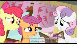 Size: 1277x742 | Tagged: safe, screencap, apple bloom, scootaloo, sweetie belle, earth pony, pegasus, unicorn, g4, hearts and hooves day (episode), my little pony: friendship is magic, book, cutie mark crusaders, hearts and hooves day, horn, youtube caption