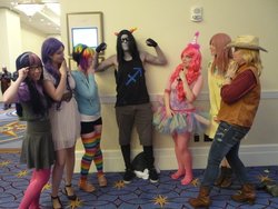 Size: 800x600 | Tagged: safe, applejack, fluttershy, pinkie pie, rainbow dash, rarity, twilight sparkle, human, g4, artifact, cosplay, equius zahhak, heritage, homestuck, irl, irl human, mane six, photo, troll (homestuck), who are you people!?