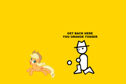 Size: 1500x1000 | Tagged: safe, applejack, earth pony, human, pony, g4, chase, cute, female, hat, jackabetes, looking back, mare, mismatched eyes, open mouth, running, simple background, smiling, wallpaper, wide eyes, yahtzee, yellow background, zero punctuation