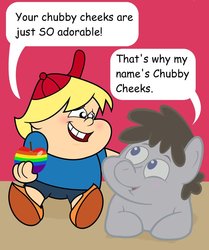 Size: 900x1075 | Tagged: safe, artist:abigail m., truffle shuffle, earth pony, pony, g4, background pony, colt, comic sans, crossover, foal, gunther magnuson, kick buttowski suburban daredevil, male, zap apple