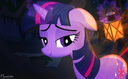 Size: 1366x849 | Tagged: safe, artist:realider, twilight sparkle, pony, unicorn, g4, female, lantern, lidded eyes, mare, outdoors, sleepy, solo, unicorn twilight