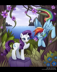 Size: 2000x2515 | Tagged: safe, artist:extra-fenix, rainbow dash, rarity, g4, female, flower, high res, lesbian, letterboxing, scenery, ship:raridash, shipping