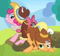 Size: 1300x1200 | Tagged: safe, artist:khorme, applejack, chancellor puddinghead, commander hurricane, fluttershy, pinkie pie, private pansy, rainbow dash, smart cookie, g4, hearth's warming eve (episode), my little pony: friendship is magic, butt, butt bump, butt to butt, butt touch, hearth's warming eve, micro, plot