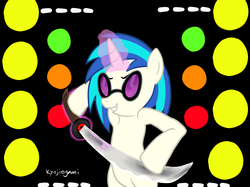 Size: 1668x1248 | Tagged: safe, artist:kyojiogami, dj pon-3, vinyl scratch, pony, g4, solo, sword