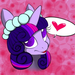 Size: 1000x1000 | Tagged: safe, artist:korodious, twilight sparkle, pony, g4, alternate hairstyle, bust, female, heart, looking at you, portrait, solo, speech bubble