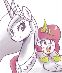 Size: 604x717 | Tagged: dead source, safe, artist:sallymon, princess celestia, princess molestia, g4, blush sticker, blushing, cute, cutelestia, leaning, open mouth, self ponidox, smiling