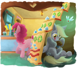 Size: 900x793 | Tagged: safe, artist:leavingcrow, derpy hooves, pinkie pie, earth pony, parasprite, pegasus, pony, g4, cake, duo, duo female, female, mare, muffin, sugarcube corner