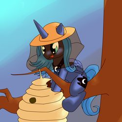 Size: 1024x1024 | Tagged: safe, artist:snus-kun, princess luna, bee, pony, g4, beehive, beekeeper, female, s1 luna, solo, this will end in tears, tree