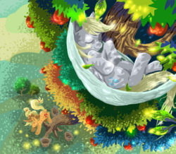 Size: 900x786 | Tagged: safe, artist:leavingcrow, applejack, derpy hooves, pegasus, pony, g4, apple, applebucking, female, hammock, mare, sleeping, tree, vertigo