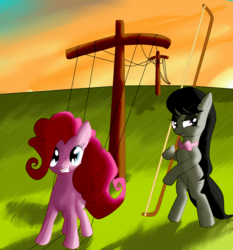 Size: 1000x1074 | Tagged: safe, artist:snus-kun, octavia melody, pinkie pie, pony, g4, bow (instrument), cello bow, duo, power line