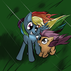 Size: 1024x1024 | Tagged: safe, artist:snus-kun, rainbow dash, scootaloo, pegasus, pony, g4, duo, female, filly, foal, grass, gritted teeth, looking at each other, looking at someone, lying, mare, ponyloaf, prone, rain, scootalove, smiling, spread wings, storm, teeth, wind, windswept mane, wings