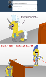 Size: 1000x1647 | Tagged: safe, artist:hakar-kerarmor, oc, oc:bastion, ask four inept guardponies, r-dash 5000, royal guard