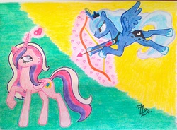 Size: 1094x804 | Tagged: safe, artist:zaza-fabelisto, princess cadance, princess luna, alicorn, pony, g4, arrow, bow (weapon), cupid, duo, duo female, female, flying, heart, heart arrow, looking at each other, looking at someone, mare, standing, traditional art, turned head