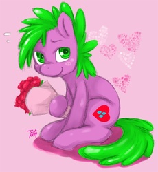 Size: 600x652 | Tagged: safe, artist:diasfox, spike, pony, g4, bouquet, flower, heart, ponified, solo