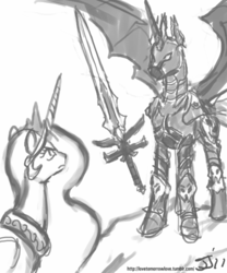 Size: 667x800 | Tagged: safe, artist:johnjoseco, princess celestia, oc, alicorn, bat pony, bat pony alicorn, pony, g4, alicorn oc, frostmourne, glare, grayscale, lich king, monochrome, ponified, spread wings, sword, warcraft, weapon