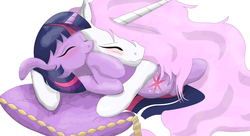 Size: 1196x651 | Tagged: safe, artist:bri-sta, artist:burnout, princess celestia, twilight sparkle, g4, colored, duo, eyes closed, hug, momlestia, pillow, pink-mane celestia, simple background, white background