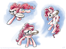 Size: 1000x750 | Tagged: safe, artist:kp-shadowsquirrel, pinkie pie, earth pony, pony, g4, female, frying pan, mouth hold, solo