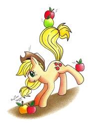 Size: 2162x2897 | Tagged: safe, artist:jadesca, applejack, earth pony, pony, g4, apple, balancing, female, high res, solo, that pony sure does love apples, traditional art